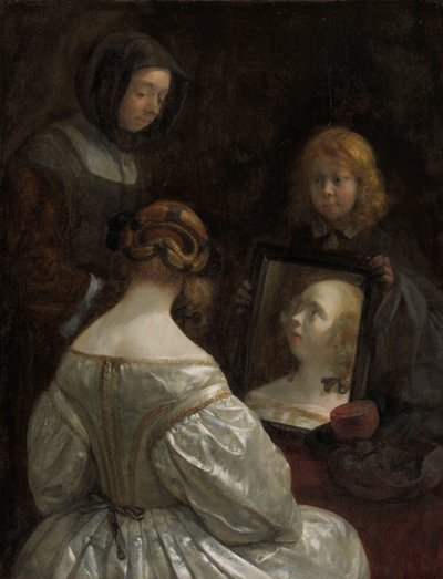 Vrouw bij een spiegel door Gerard ter Borch (II)
