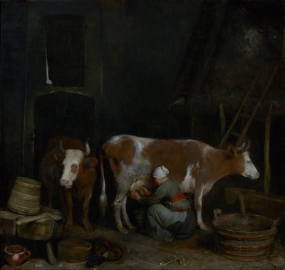 Een dienstmeid melkt een koe in een schuur door Gerard ter Borch