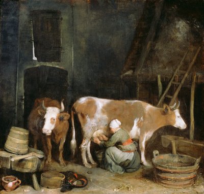 Een dienstmeid die een koe melkt in een schuur door Gerard ter Borch