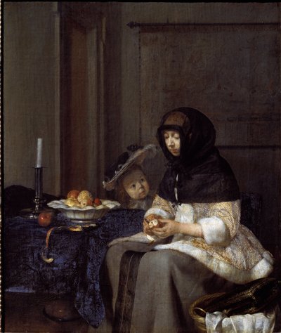 Een moeder die een appel schilt door Gerard ter Borch