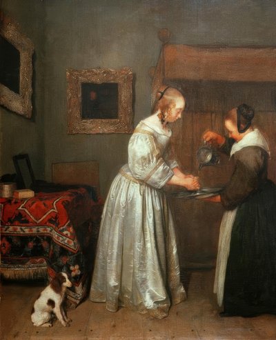 Dame die haar handen wast door Gerard ter Borch