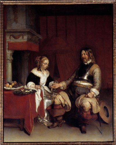De militaire galant of jonge vrouw aan wie een man geld aanbiedt door Gerard ter Borch