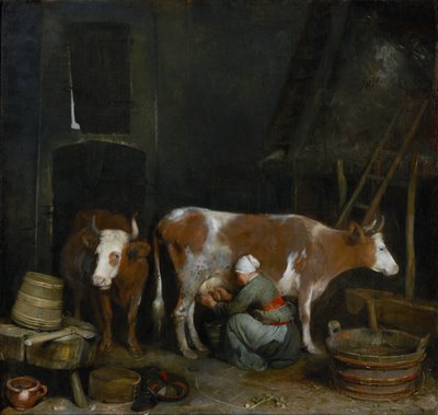 Een meid die een koe melkt in een schuur door Gerard ter Borch