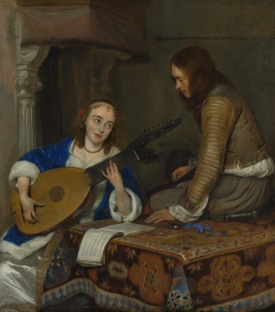 Een Vrouw die de Theorbo-Luit Speelt en een Edelman, c.1658 door Gerard ter Borch