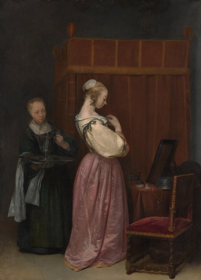 Een Jonge Vrouw bij haar Toilet met een Dienstmeid, c.1650-51 door Gerard ter Borch
