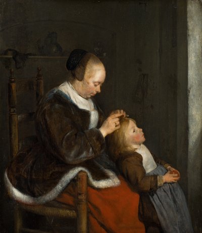 Moeder Kammt het Haar van haar Kind, Bekend als Jagen op Luizen door Gerard ter Borch