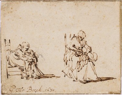 Twee studies van een vrouw die een kind wast door Gerard ter Borch