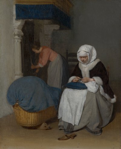 Vrouw naait naast een wieg, c.1656 door Gerard ter Borch