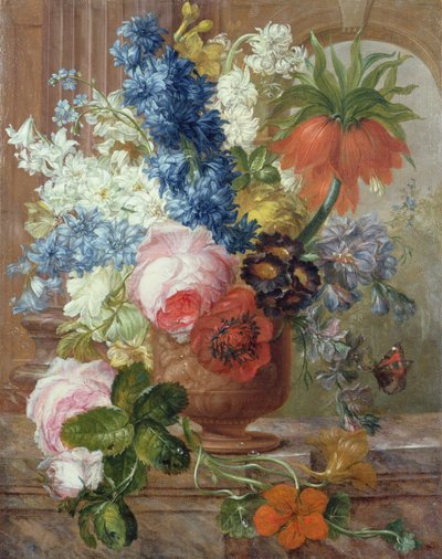 Rozen, ridderspoor, anemoon, Oost-Indische kers en een keizerlijke lelie in een gebeeldhouwde urn op een marmeren rand door Gerard van (after) Spaendonck