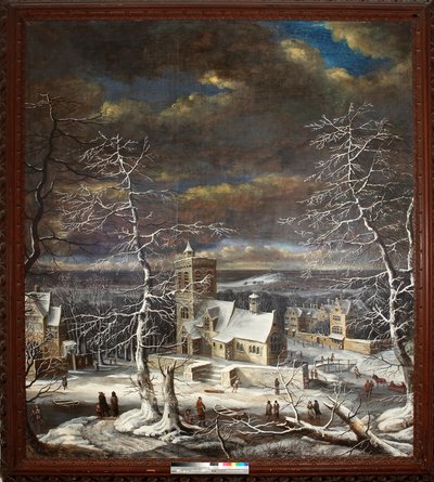 Een Dorp in de Winter met Figuren op het IJs door Gerard van Edema