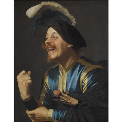 Lachende muzikant met een viool onder zijn arm door Gerard van Honthorst
