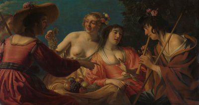 Herder die fluit speelt, en vier herderinnen door Gerard van Honthorst
