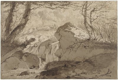 Berglandschap met waterval tussen bomen, waarlangs een schaapherder zijn kudde voert door Gerard van Nijmegen