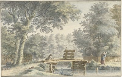 Landschap met een brug waarop een hengelaar door Gerard van Rossum