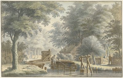 Landschap met een brug waarop een hengelaar door Gerard van Rossum