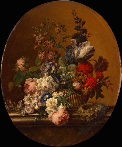 Stilleven van bloemen in een mand met een heggenmusnest op een stenen richel door Gerard van Spaendonck