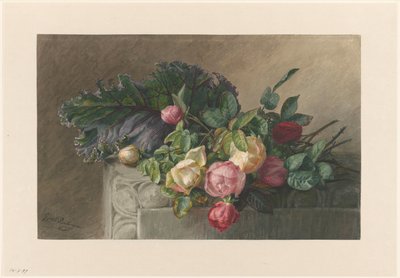 Stilleven met rozen en koolblad door Gerardina Jacoba van de Sande Bakhuyzen