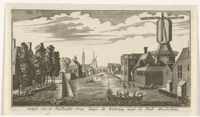 Gezicht langs de wetering op Amsterdam door Gerardus Condet