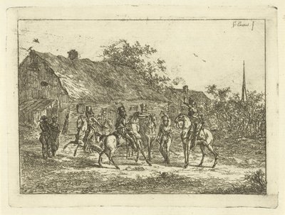 Cavalerie in een dorp door Gerardus Emaus de Micault