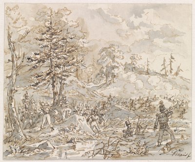 Gevecht tussen cavalerie en voetvolk in heuvellandschap door Gerardus Emaus de Micault