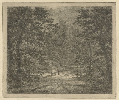 Herderin met koe in het bos door Gerardus Emaus de Micault
