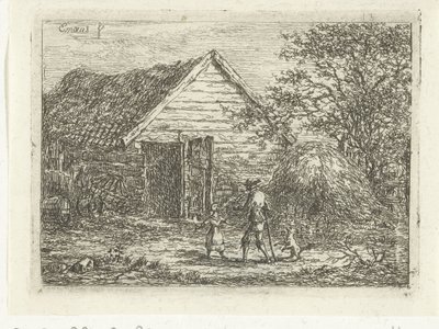 Jager bij plaggenhut door Gerardus Emaus de Micault