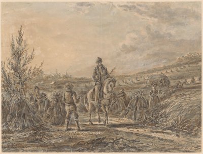 Landschap met ruiter tussen oogstende boeren door Gerardus Emaus de Micault