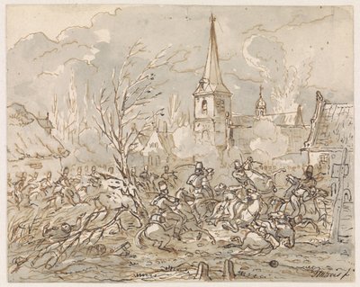 Ruitergevecht bij de inneming van een dorp door Gerardus Emaus de Micault