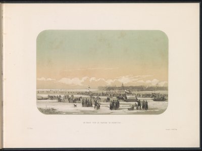 IJsvermaak op de Maas te Rotterdam, in de verte de fabriek te Feijenoord, 1855 door Gerardus Johannes Bos