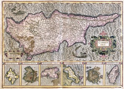 Cyprus en de eilanden Stalimini (Lemnos) Chios, Mitilene, Negroponte, Cerigo en Rhodus (gravure) door Gerardus Mercator