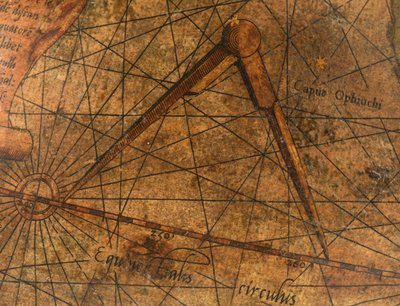 Terrestrische Globe, detail van de Stille Oceaan met een groot paar passers door Gerardus Mercator