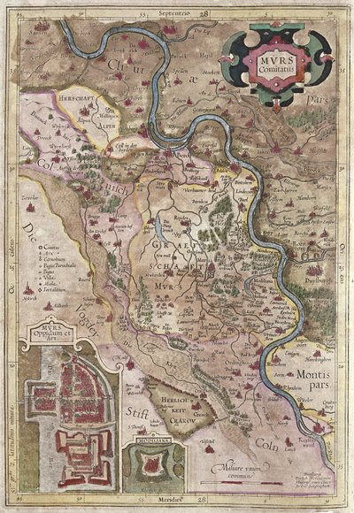 De loop van de Rijn in Westfalen, Duitsland (gravure) door Gerardus Mercator