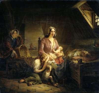 Een rijke dame bezoekt een arme familie door Gerardus Terlaak