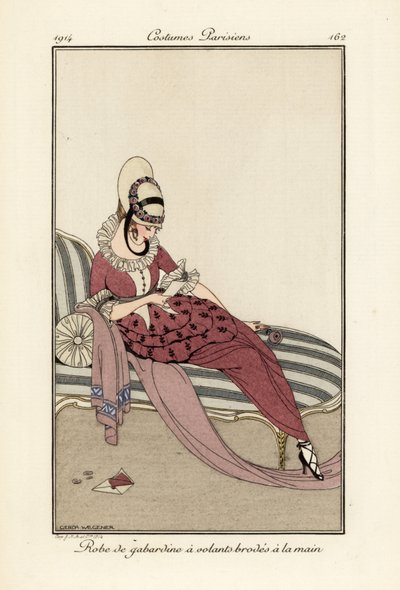 Vrouw in gabardine jurk met handgeborduurde ruches door Gerda Marie Frederike Wegener