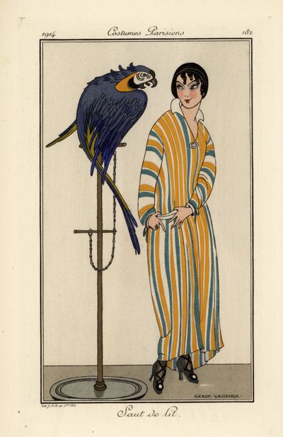 Vrouw in gestreepte nachtjapon met huisdier papegaai door Gerda Marie Frederike Wegener