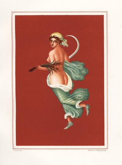 Allegorische muurschildering van de zomer uit het oosten van het atrium van Regio IX.V.11. Ze draagt een sikkel en tarwe. Chromolithografie door Victor Steeger naar een illustratie van Geremia Discanno uit Emile Presuhn (1844-1878) De Mooiste Schilderijen  door Geremia Discanno