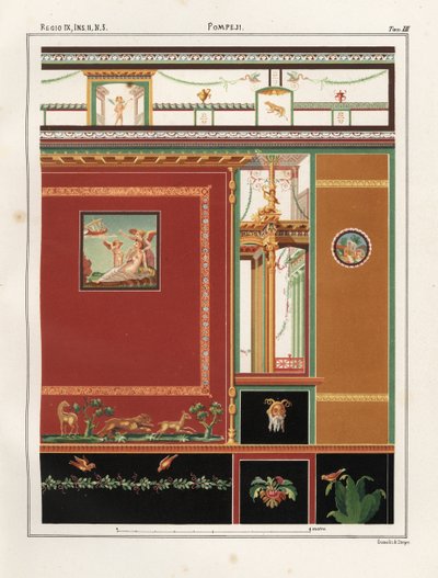 Ariadne kijkt naar het vertrek van het schip van Theseus vanaf het eiland Naxos. Muurschildering uit een triclinium in een winkel/woning bij Regio IX.II.5, Pompeii. Chromolithografie door Victor Steeger naar een illustratie van Geremia Discanno uit Emile P door Geremia Discanno