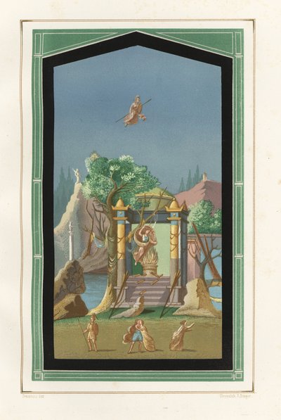 Landschapsschilderij uit de Exedra in het Huis van Vesonius Primus, een vollershuis. Chromolithografie door Victor Steeger naar een illustratie door Geremia Discanno uit Emile Presuhn (1844-1878) De Mooiste Schilderijen van Pompeii, Leipzig door Geremia Discanno