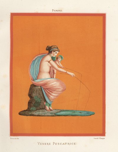 Muurschildering van Venus en Cupido die vissen met hengels uit een vijver. Gevonden in Regio V.V.3, het Huis van de Gladiatoren. Chromolithografie door Victor Steeger naar een illustratie van Geremia Discanno uit Emile Presuhn (1844-1878) De mooiste schild door Geremia Discanno