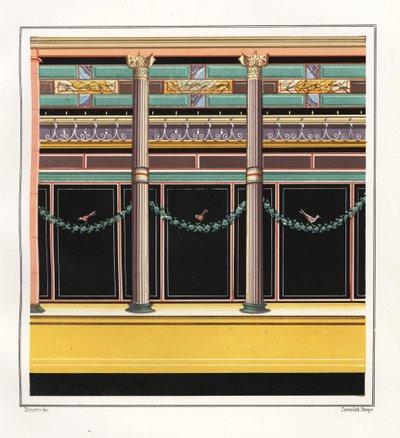 Muurschildering uit een kamer in het Huis van de Epigrammen. V, Ins. 1, No. 18. Chromolithografie door Victor Steeger naar een illustratie van Geremia Discanno uit Emile Presuhn (1844-1878) De Mooiste Schilderijen van Pompeii, Leipzig door Geremia Discanno