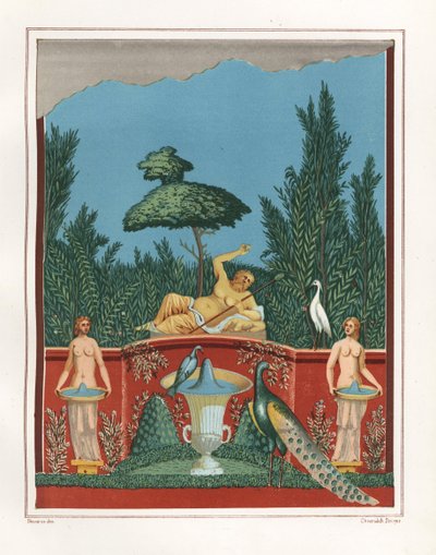 Muurschildering van Bacchus met pauwen en fonteinen van een tuinmuur in het Huis van Romulus en Remus, VII.VII.10. Chromolithografie door Victor Steeger naar een illustratie van Geremia Discanno uit Emile Presuhn (1844-1878) De Mooiste Schilderijen door Geremia Discanno