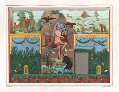 Muurschildering van Orpheus met lier uit het viridarium (tuin) van het Huis van Vesonius Primus, een voller. Hij is omringd door dieren waaronder een leeuw, poema, everzwijn, hert, konijn en blauwe flamingo (chromolithografie door Victor Steeger naar een i door Geremia Discanno