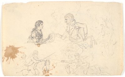 Kroonprins Frederik met de kroonprins (Chr. VIII) en schetsen van ruiters en figuren door Gerhard Ludvig Lahde