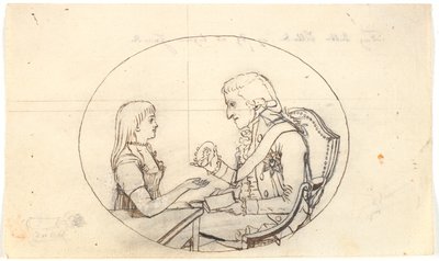 Erfprins Frederik met de erfprins (Chr. VIII) toont een portret van de overleden erfprinses Sofie Frederikke door Gerhard Ludvig Lahde