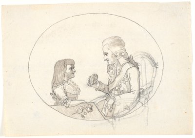 Kroonprins Frederik met de kroonprins (Chr. VIII) toont een portret van de overleden kroonprinses Sofie Frederikke door Gerhard Ludvig Lahde
