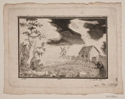 Landschap met huis en molen door Gerhard Ludvig Lahde