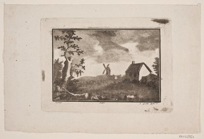 Landschap met huis en molen door Gerhard Ludvig Lahde