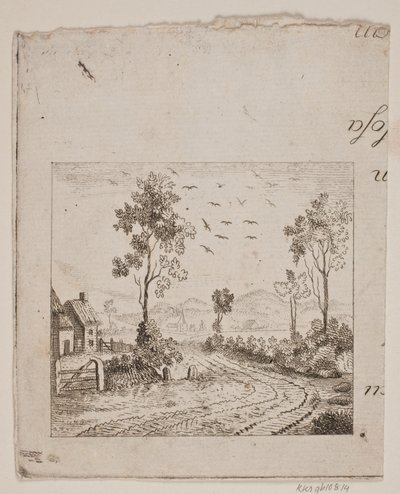 Landschap met huis bij weg met boom en vliegende vogels door Gerhard Ludvig Lahde