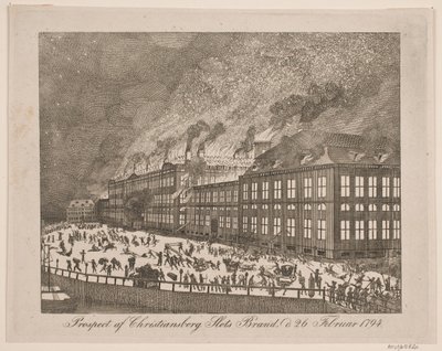 Gezicht op de brand van het Christiansborgslot op 26 februari 1794 door Gerhard Ludvig Lahde