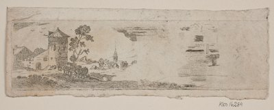 Proefblad van landschap met kasteel en kerk door Gerhard Ludvig Lahde